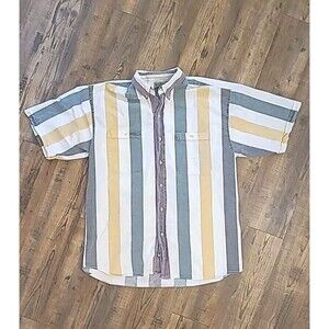 Vintage 90s Hunting Horn Short Sleeve Striped Button Down Shirt Size Large
